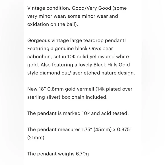 Vintage 10K Filigree Onyx Pendant: Black Hills Style Diamond Cut Large Teardrop - Picture 8 of 10